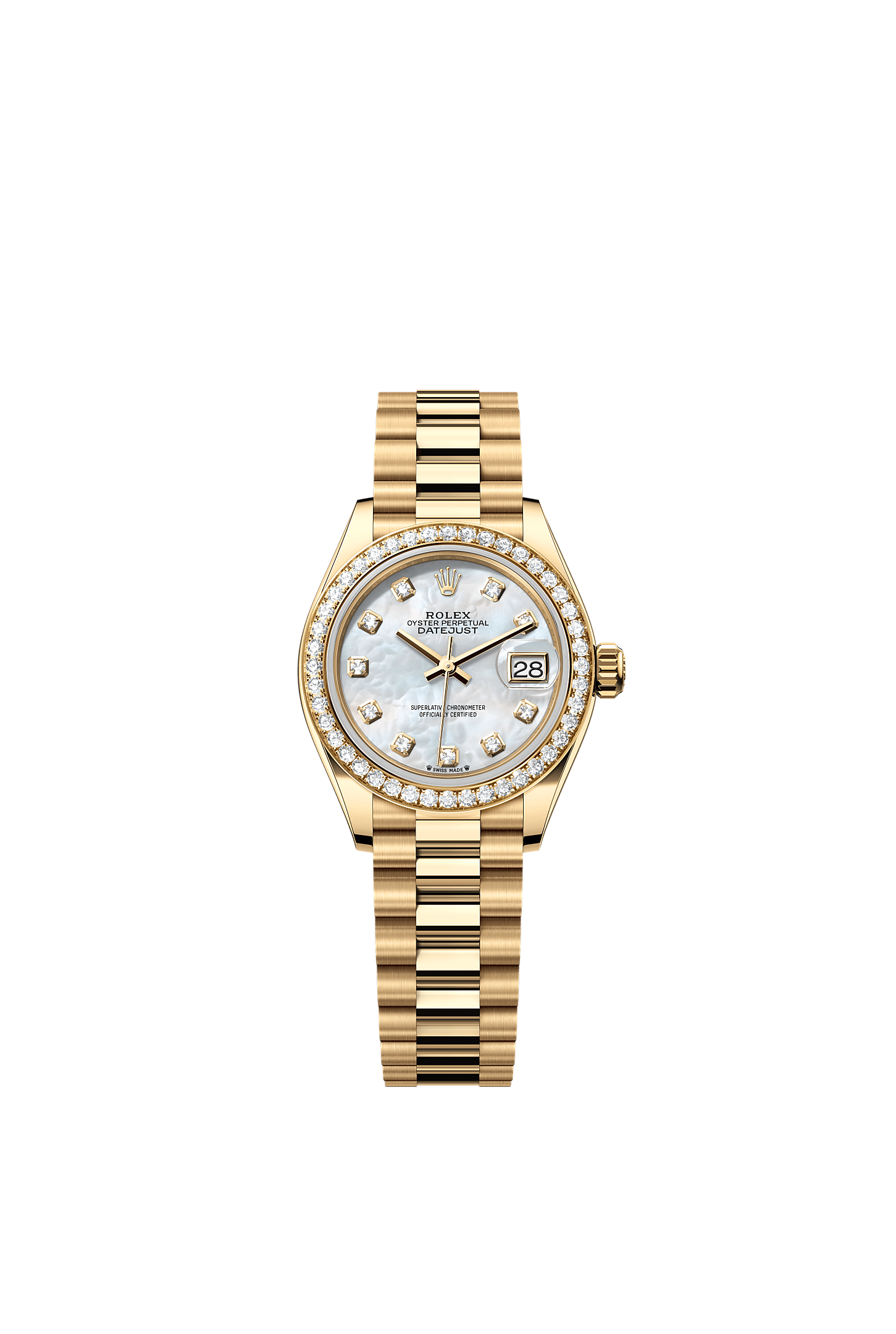 Lady-Datejust, Oyster, 28 mm, geelgoud en diamanten, Wijzerplaat : Wit parelmoer, bezet met diamanten, Rolex