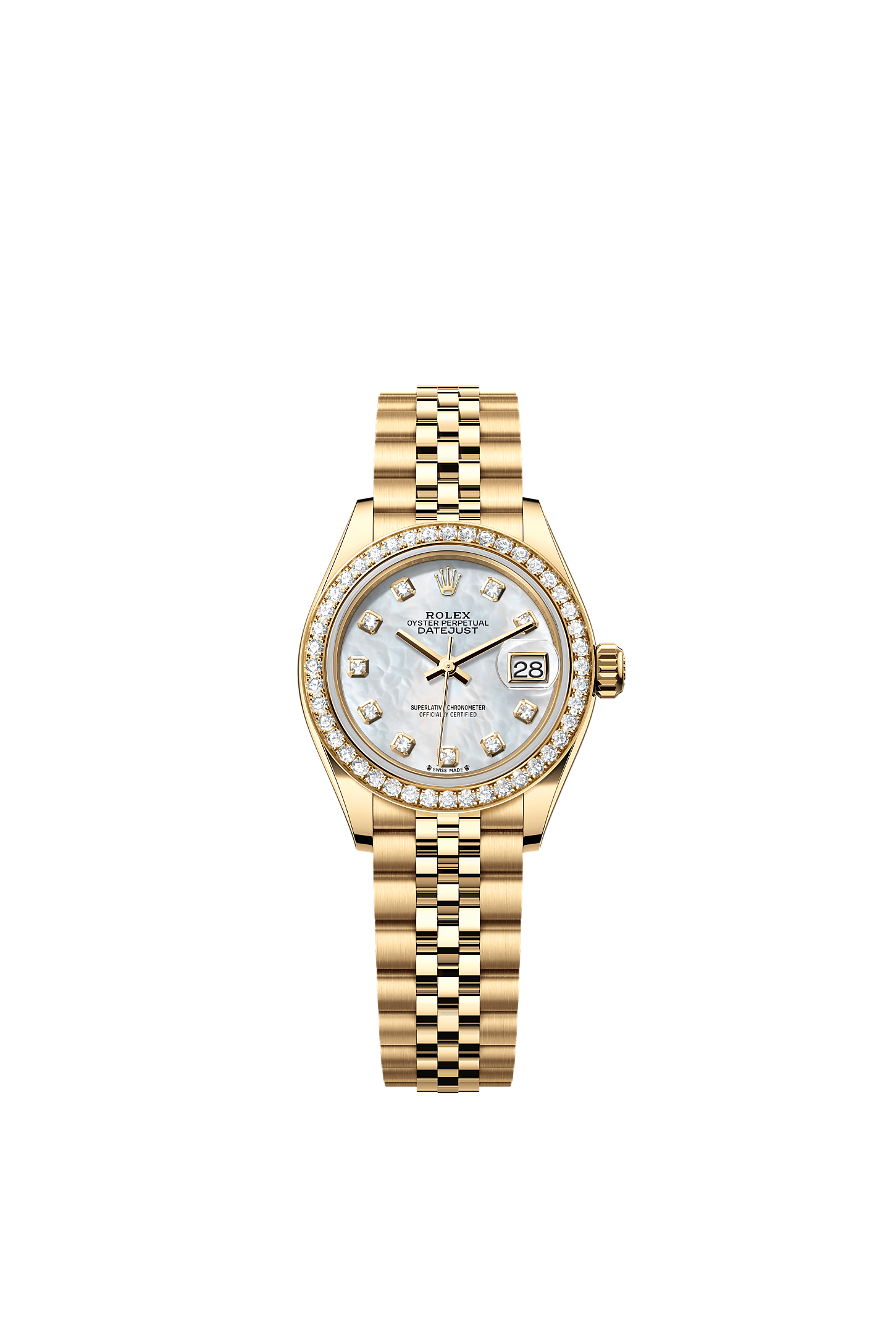 Lady-Datejust, Oyster, 28 mm, yellow gold and diamonds, Dial : White mother-of-pearl set with diamonds, Rolex