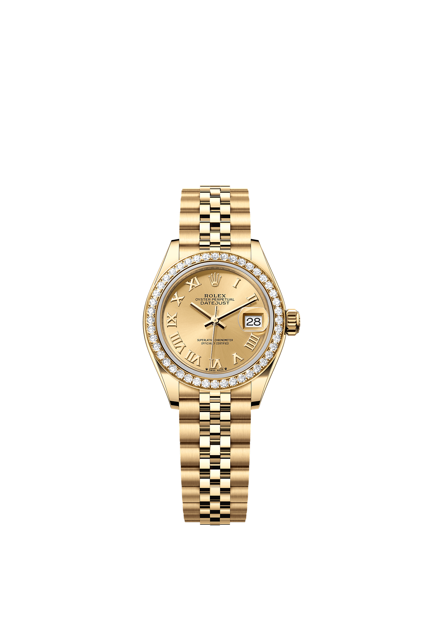 Lady-Datejust, Oyster, 28 mm, oro giallo e diamanti, Quadrante : Color champagne, Rolex