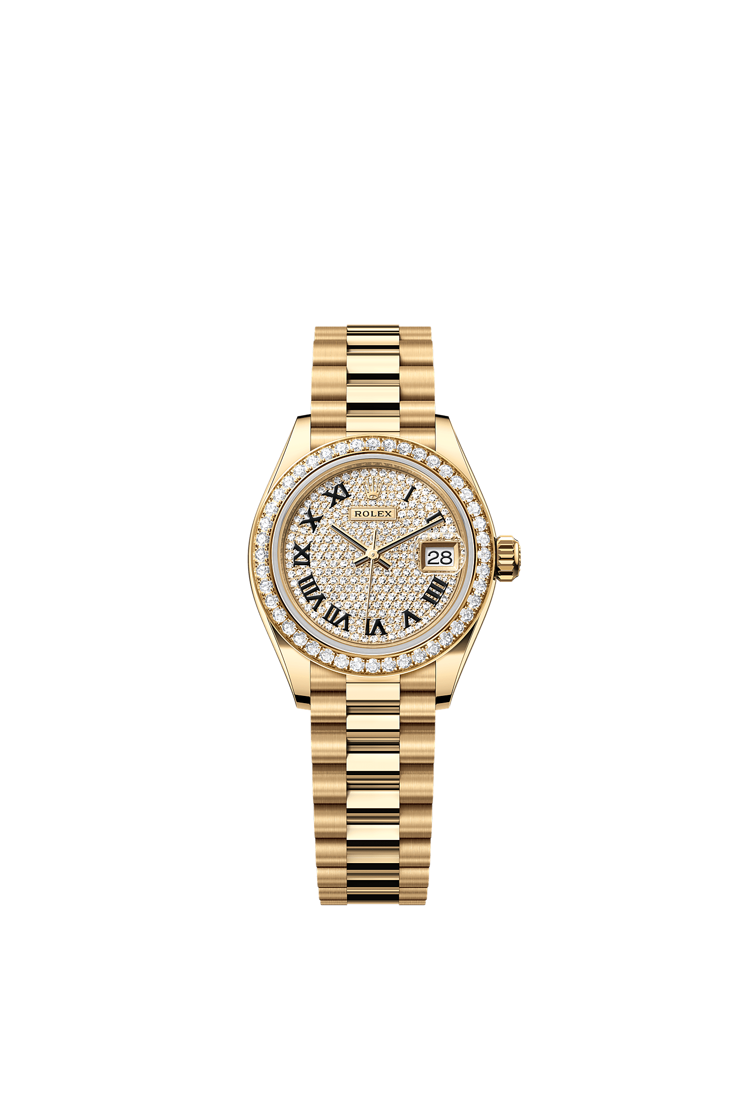 Lady-Datejust, Oyster, 28 mm, or jaune et diamants, Cadran : Pavé de diamants, Rolex