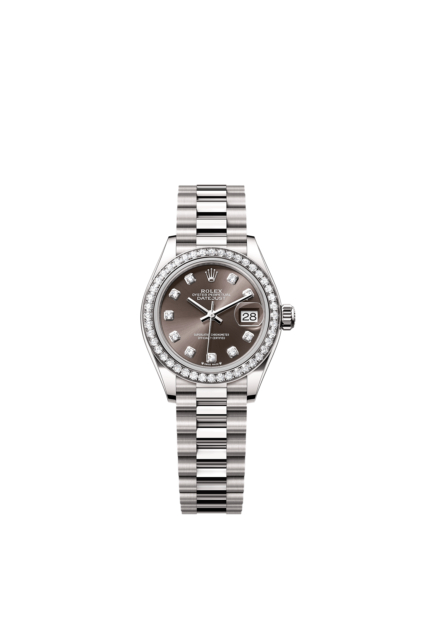 Lady-Datejust, Oyster, 28 มม., ทองคำขาวและเพชร, หน้าปัด : สีดาร์คเกรย์ประดับเพชร, Rolex