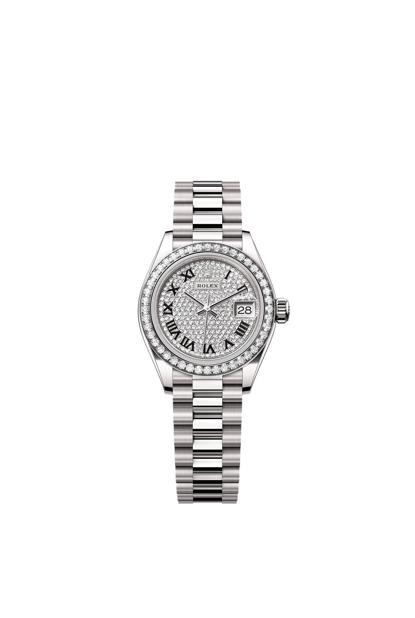 Lady-Datejust, Oyster, 28 mm, witgoud en diamanten, Wijzerplaat : Belegd met diamanten, Rolex