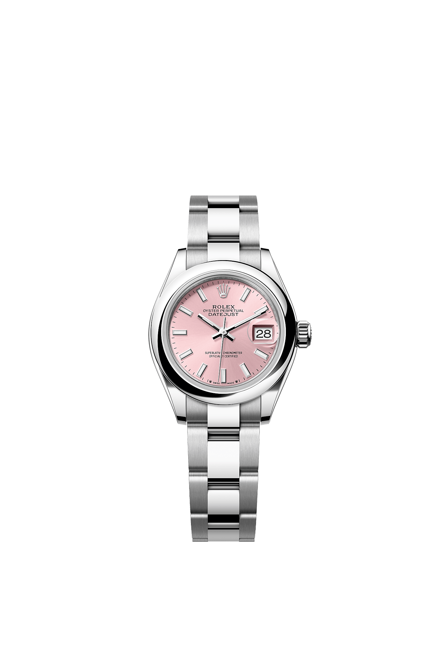 Lady-Datejust, Oyster, 28 mm, Oystersteel, Permukaan : Merah jambu, Rolex