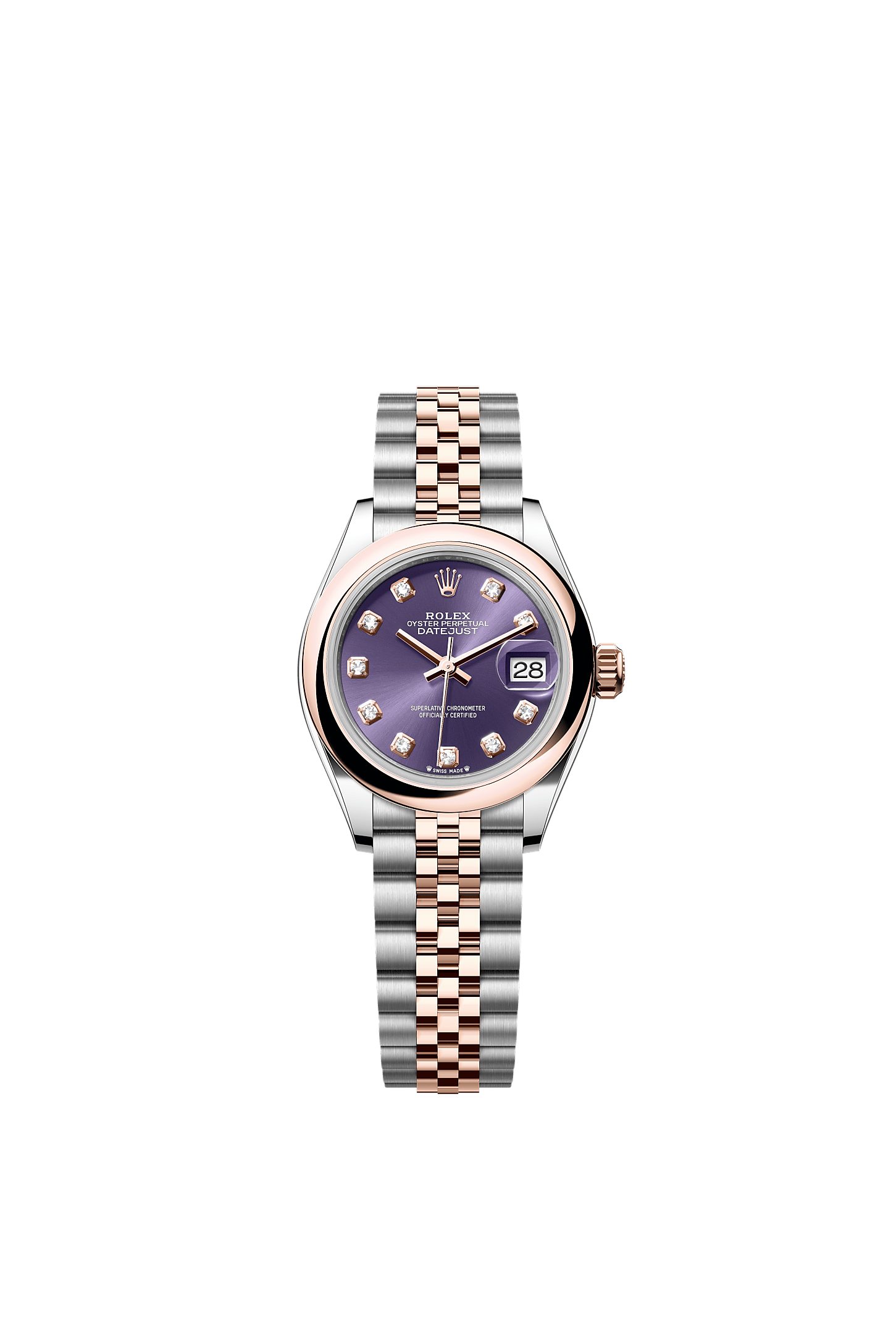 Lady-Datejust, Oyster, 28 mm, Oystersteel dan emas Everose, Dial : Tampilan aubergine dengan berlian, Rolex