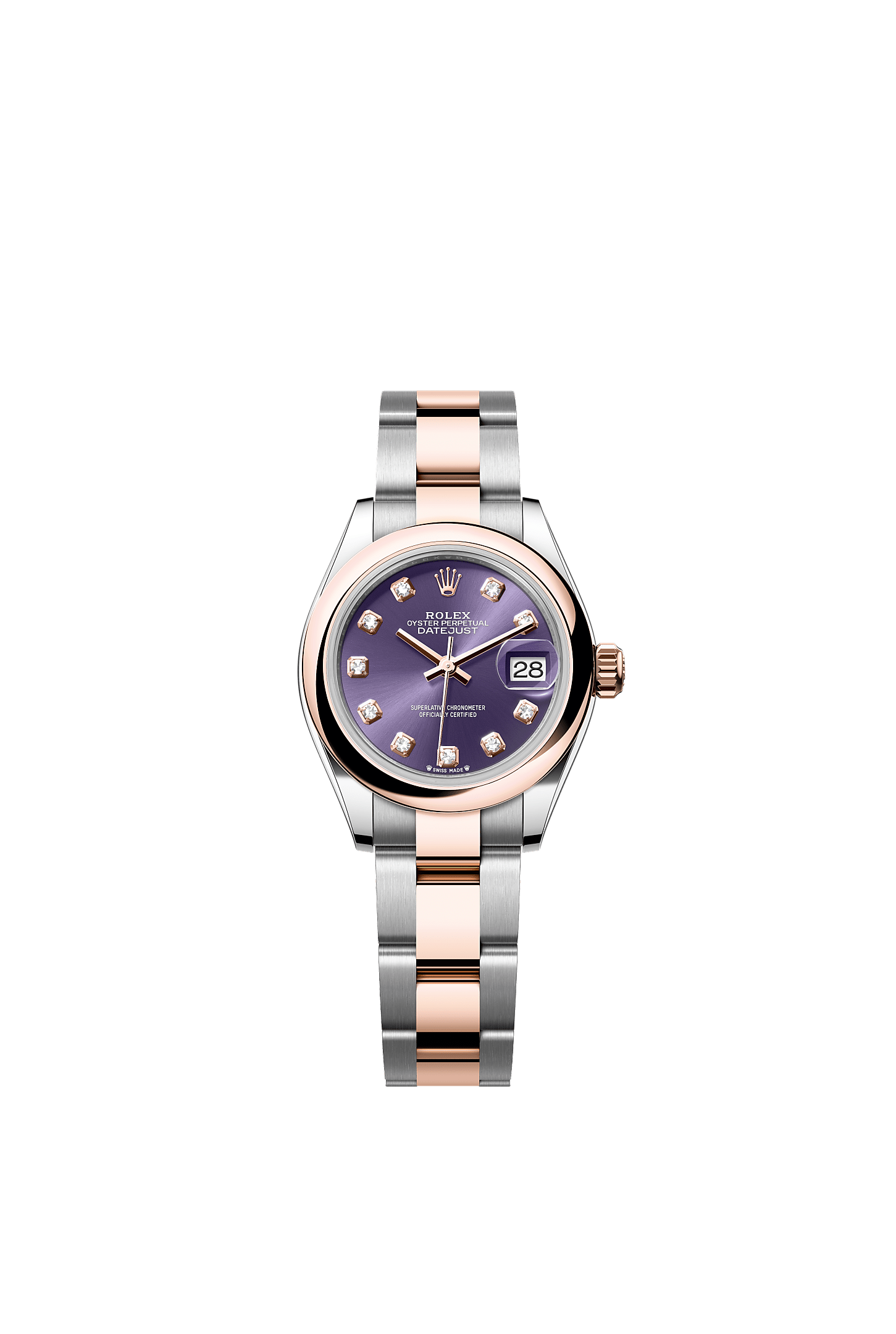 Lady-Datejust, Oyster, 28 мм, сталь Oystersteel и золото Everose, Циферблат : Цвета баклажана (Aubergine), бриллианты, Rolex