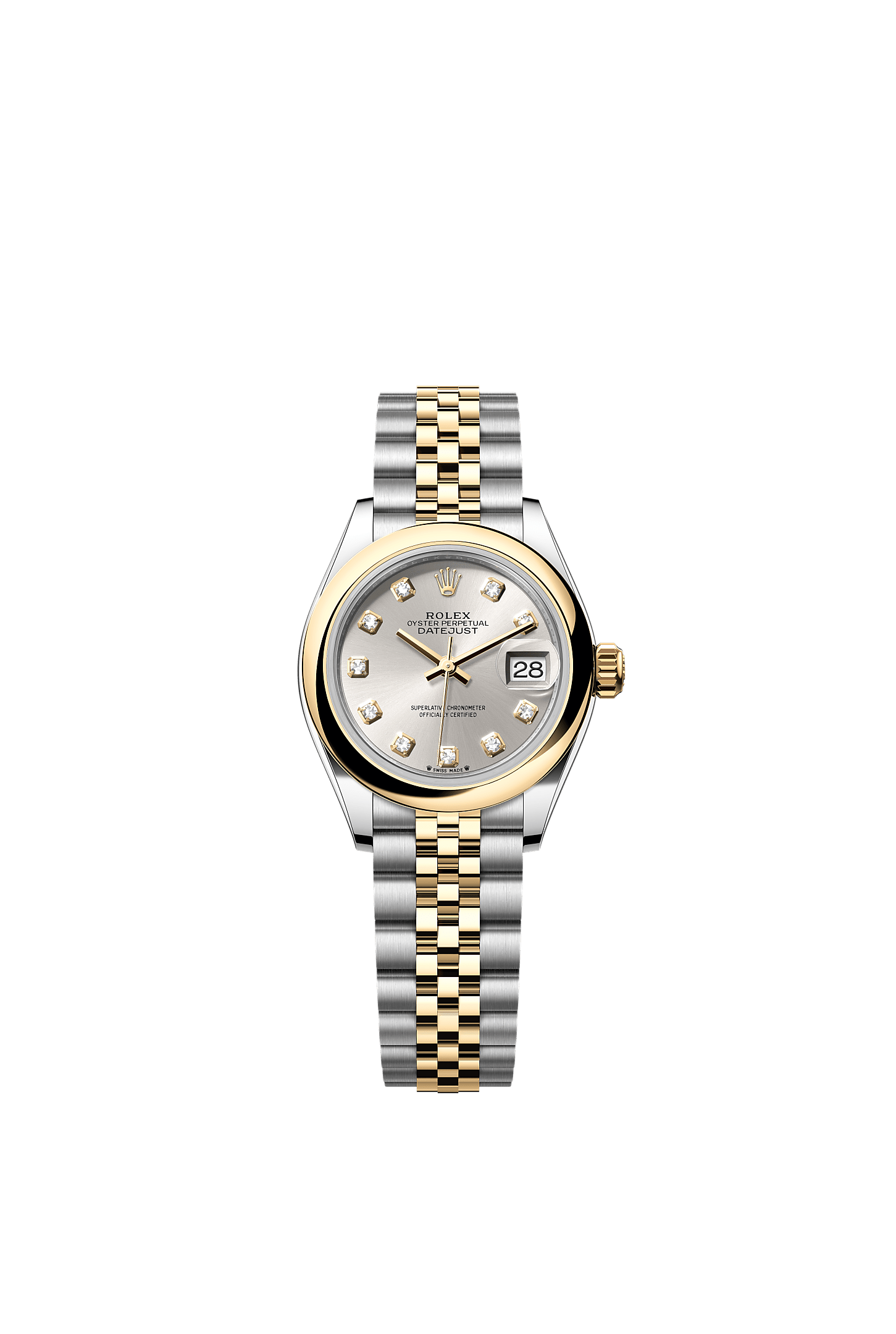 Lady-Datejust, Oyster, 28 мм, сталь Oystersteel и желтое золото, Циферблат : Серебристый, бриллианты, Rolex