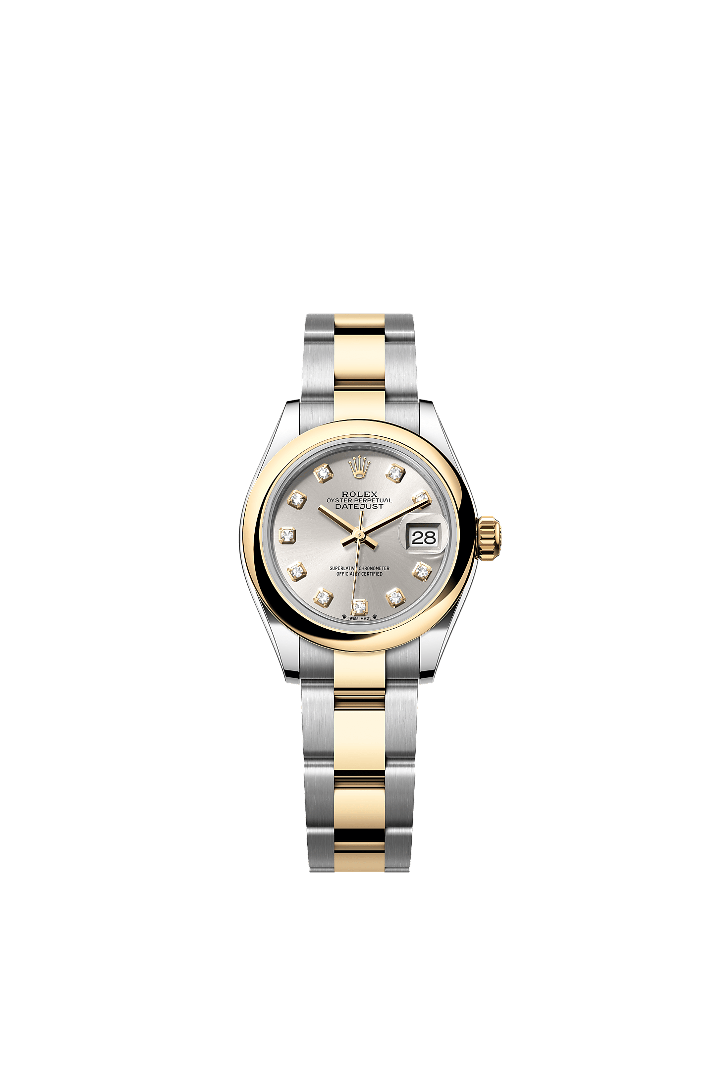 Lady-Datejust, Oyster, 28 mm, acier Oystersteel et or jaune, Cadran : Argenté, serti de diamants, Rolex