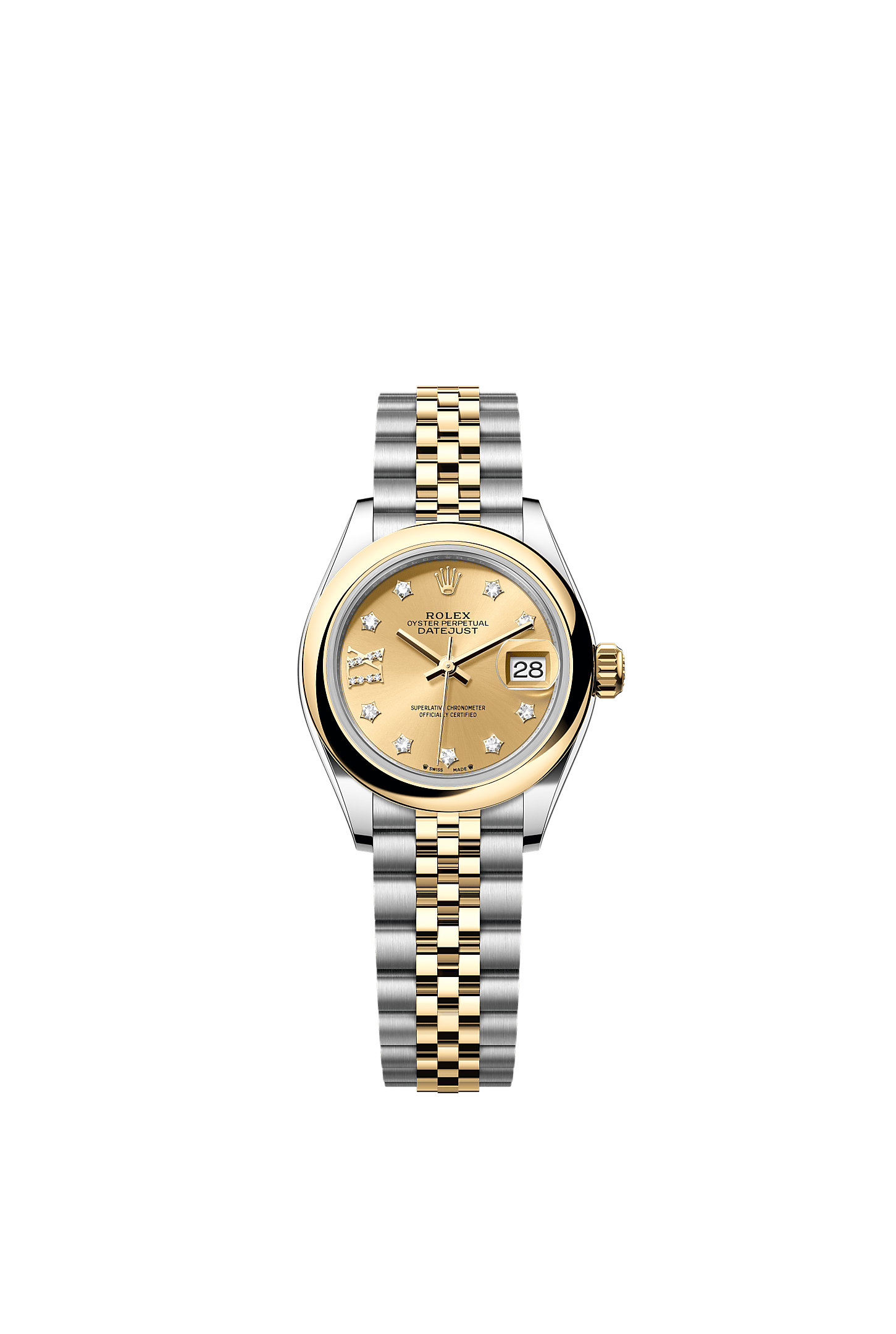 Lady-Datejust, Oyster, 28 mm, acero Oystersteel y oro amarillo, Esfera : Color <i>champagne</i>, engastada de diamantes, Rolex