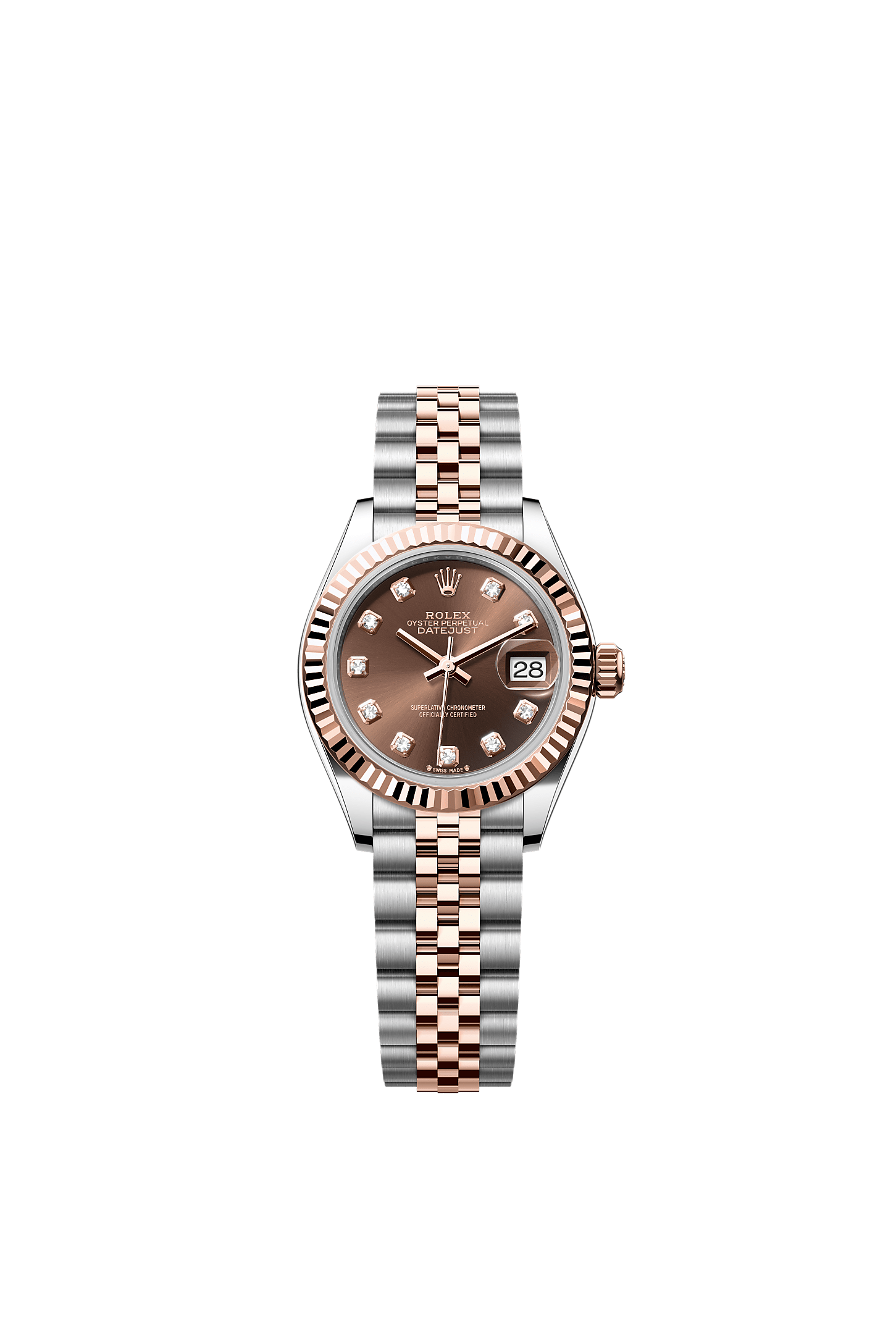Lady-Datejust, Oyster, 28 мм, сталь Oystersteel и золото Everose, Циферблат : Цвета шоколада, бриллианты, Rolex