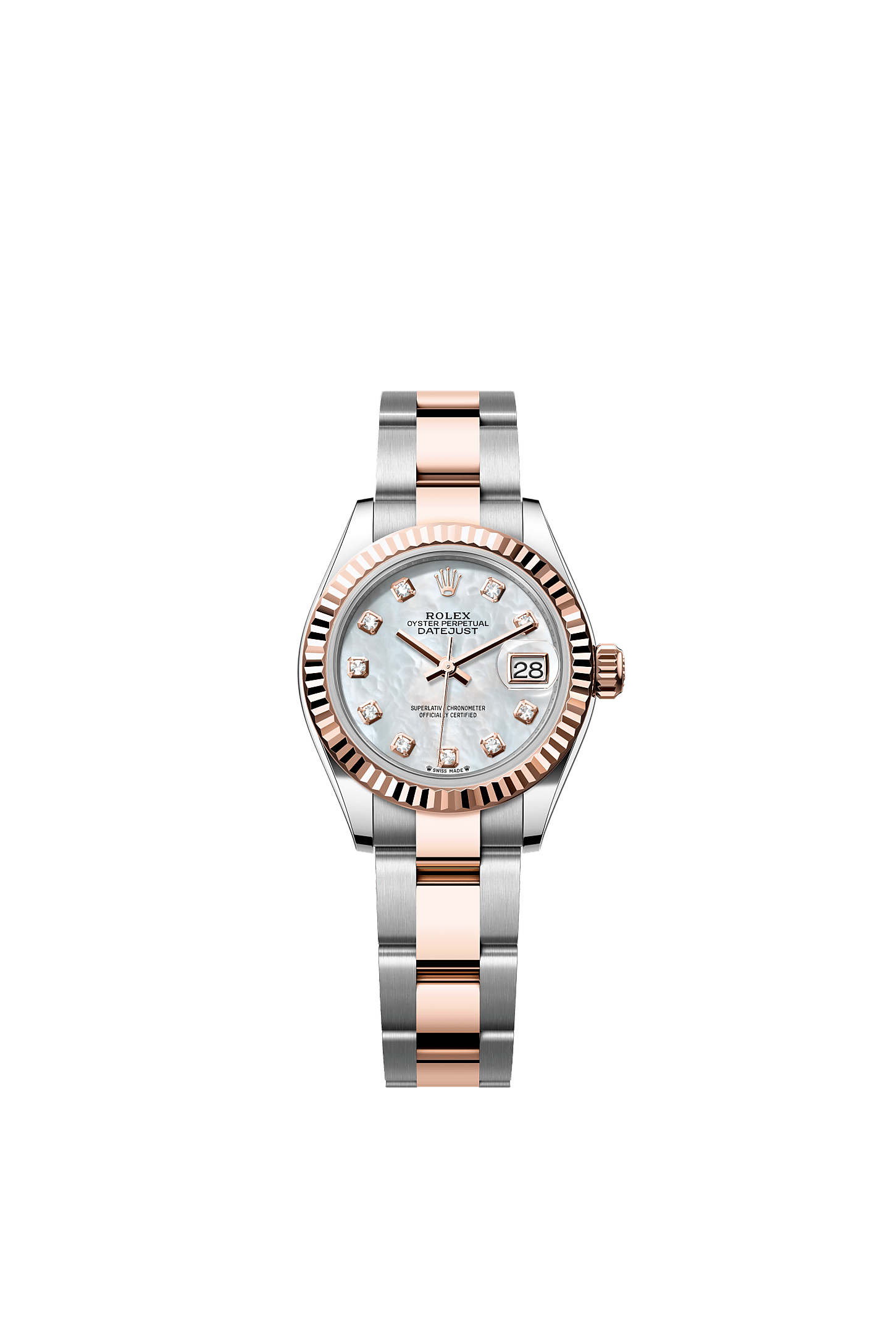 Lady-Datejust, Oyster, 28 mm, Oystersteel çelik ve Everose altın, Kadran : Pırlantalı beyaz sedef, Rolex