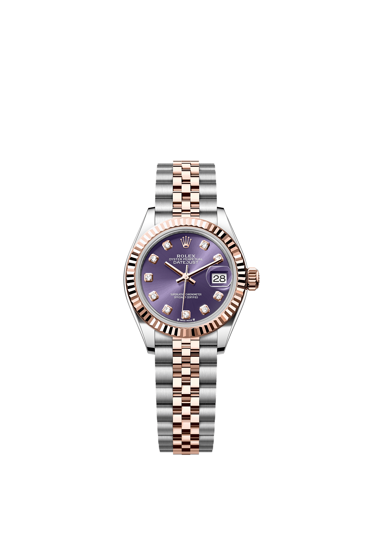 Lady-Datejust, Oyster, 28 mm, stal Oystersteel i różowe złoto Everose, Tarcza : Kolor ciemnofioletowy, wysadzana brylantami, Rolex