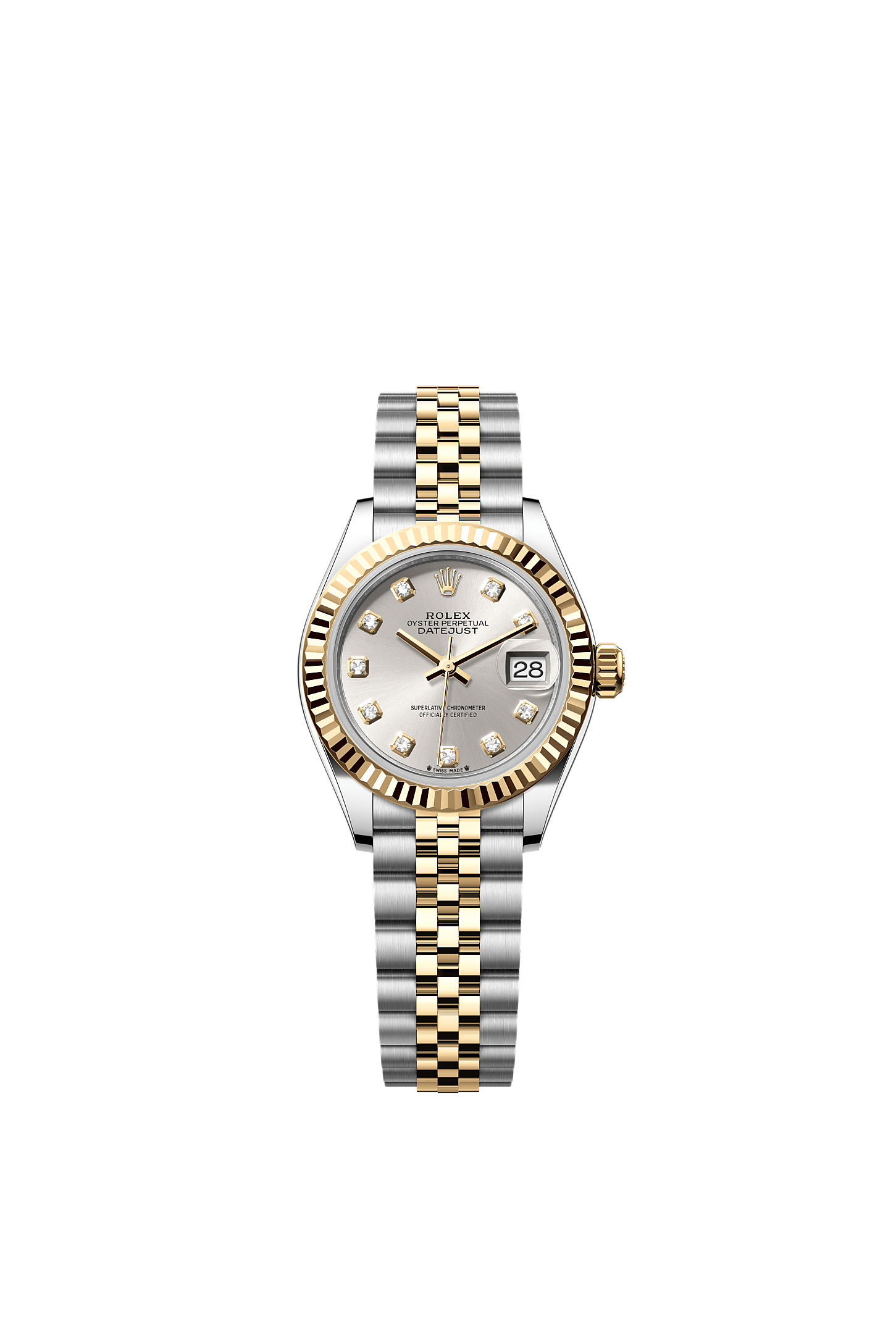 Lady-Datejust, Oyster, 28 mm, stal Oystersteel i żółte złoto, Tarcza : Srebrna, wysadzana brylantami, Rolex