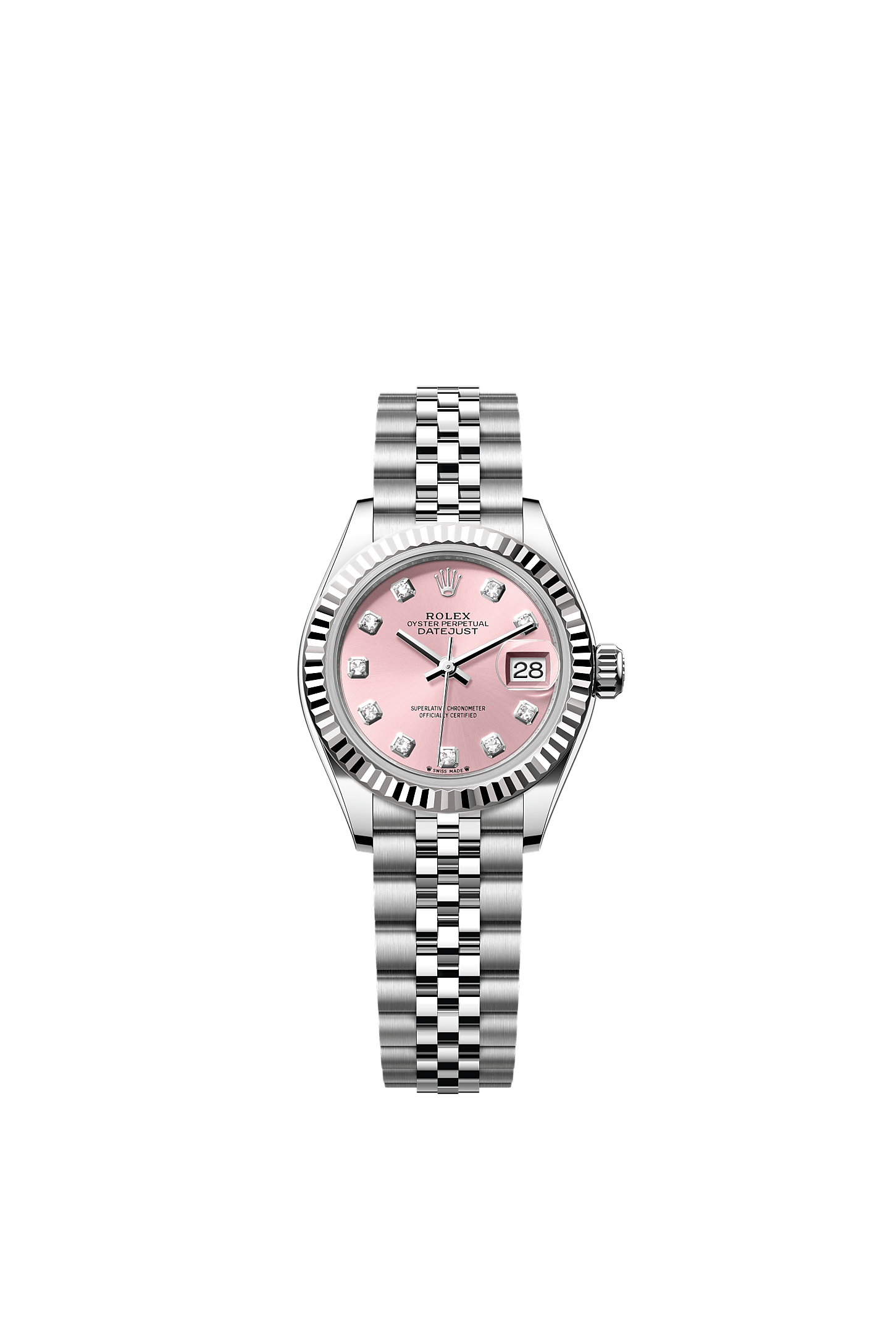 Lady-Datejust, Oyster, 28 mm, Oystersteel dan emas putih, Dial : Tampilan merah muda dengan berlian, Rolex