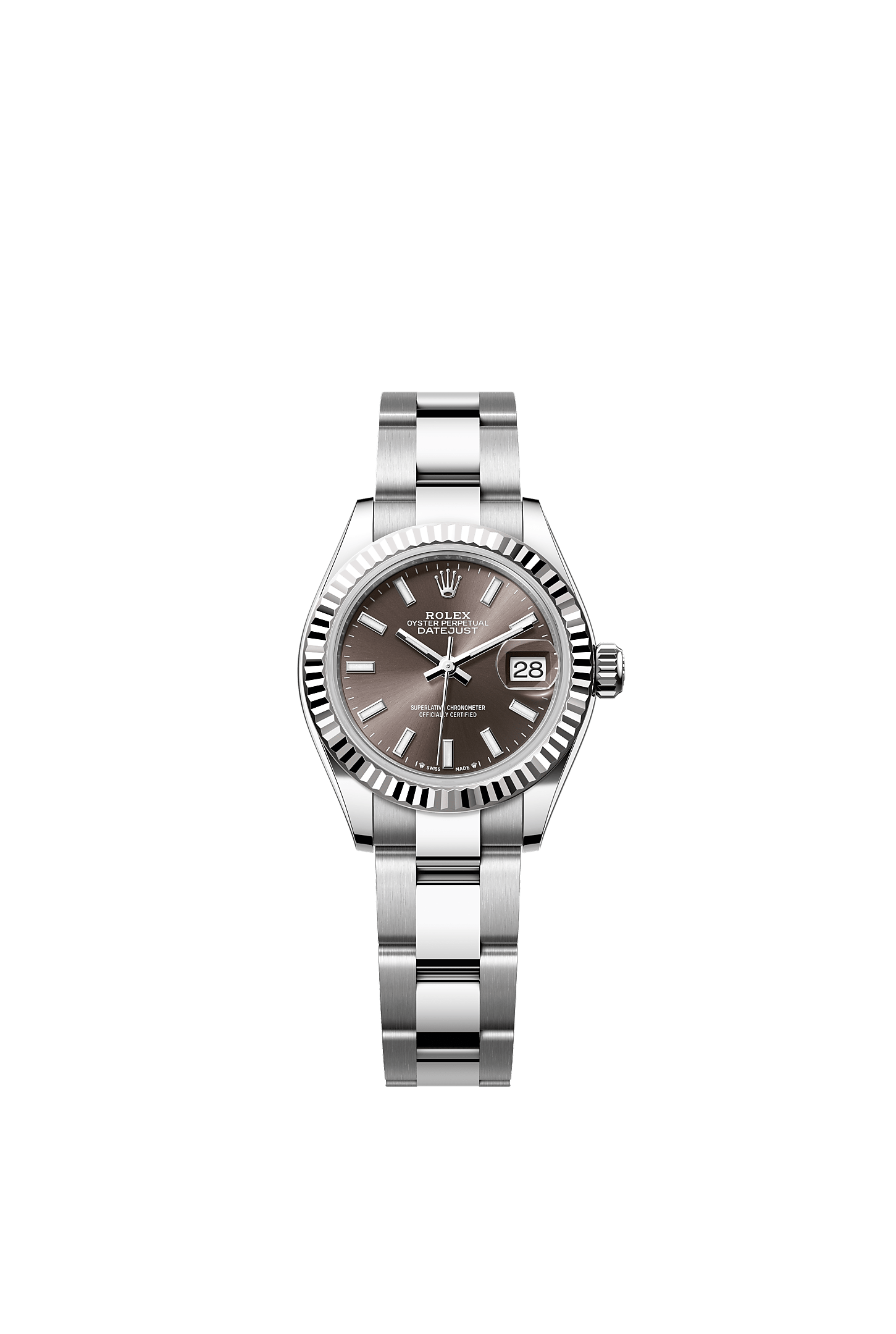 Lady-Datejust, Oyster, 28 mm, thép Oystersteel và vàng trắng, Mặt đồng hồ : Xám đậm, Rolex