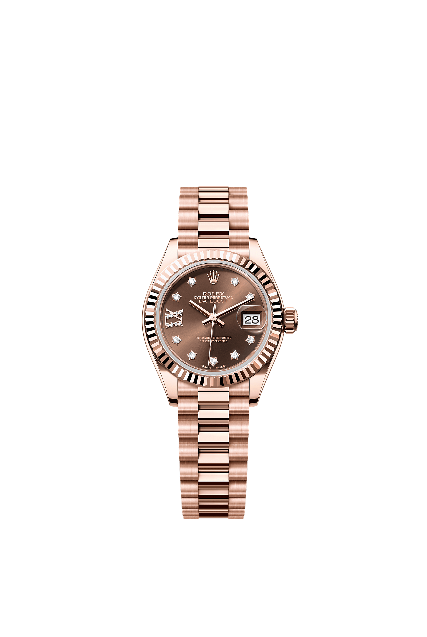 Lady-Datejust, Oyster, 28 mm, Everose altın, Kadran : Pırlantalı, çikolata rengi, Rolex