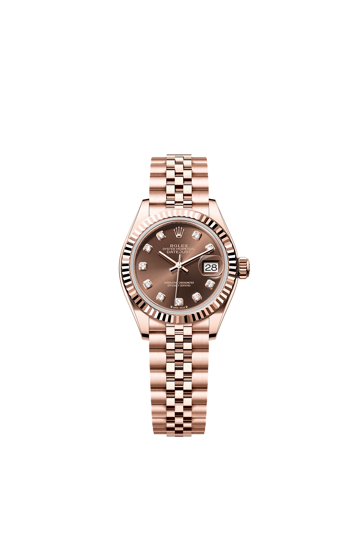 Lady-Datejust, Oyster, 28 mm, emas Everose, Dial : Tampilan cokelat dengan berlian, Rolex