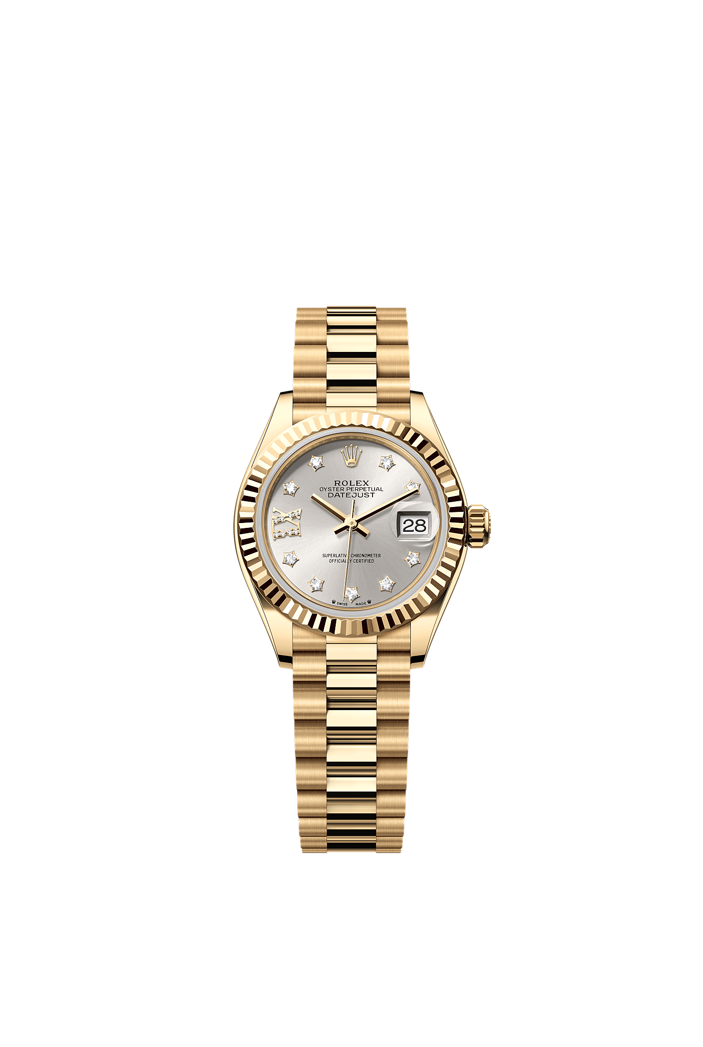Lady-Datejust, Oyster, 28 mm, ouro amarelo, Mostrador : Prateado cravejado de diamantes, Rolex