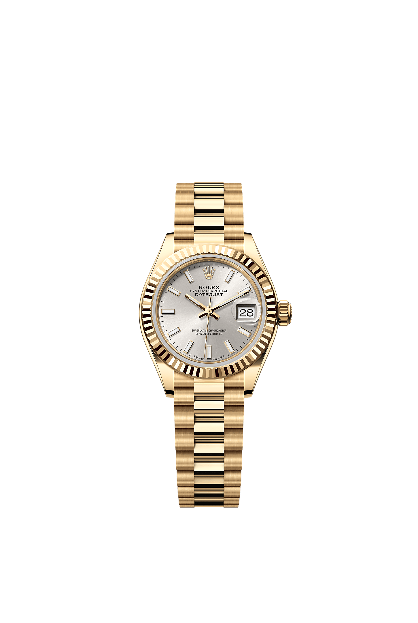Lady-Datejust, Oyster, 28 mm, geelgoud, Wijzerplaat : Zilverkleurig, Rolex