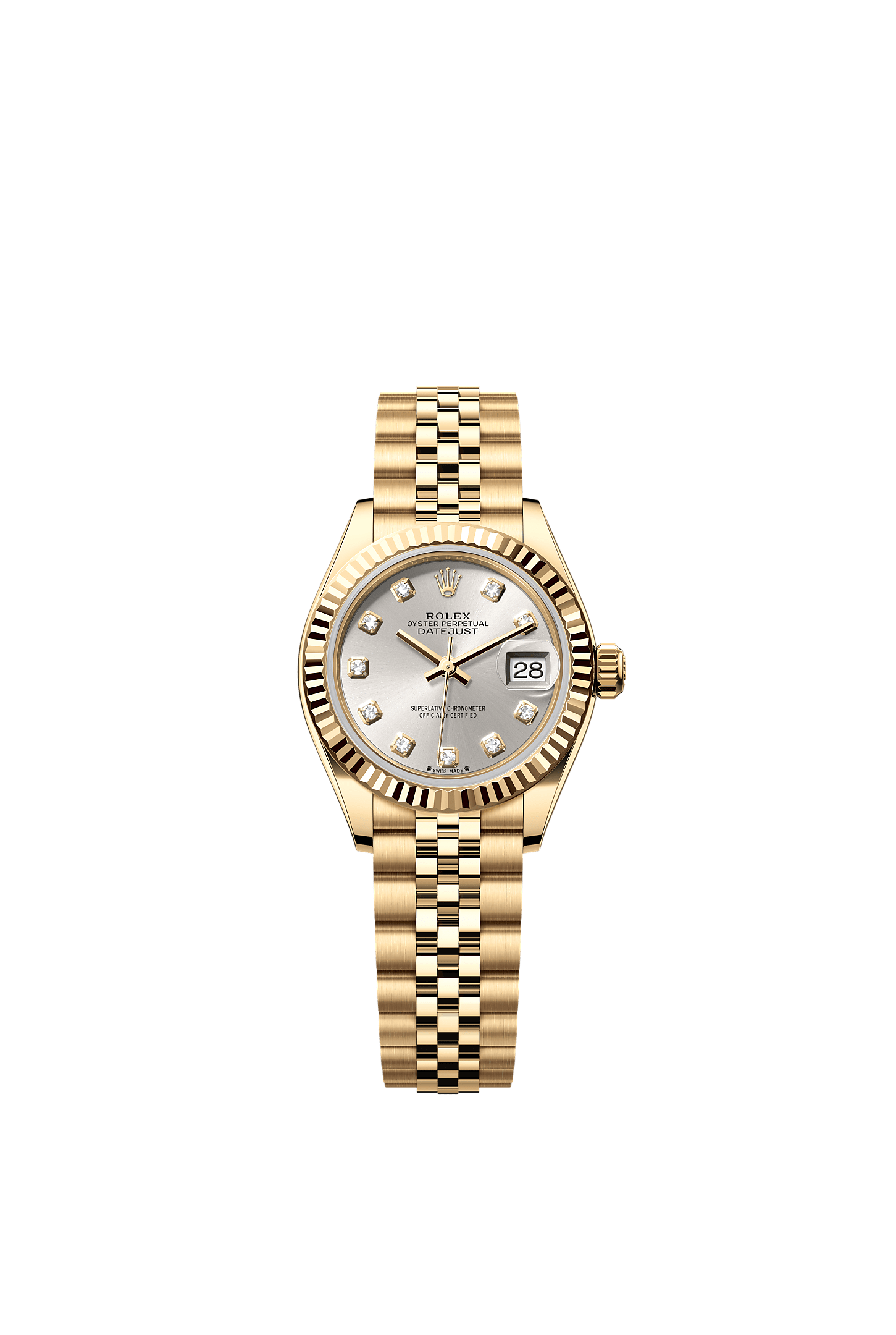 Lady-Datejust, Oyster, 28 mm, emas kuning, Permukaan : Perak dipasangkan dengan berlian, Rolex