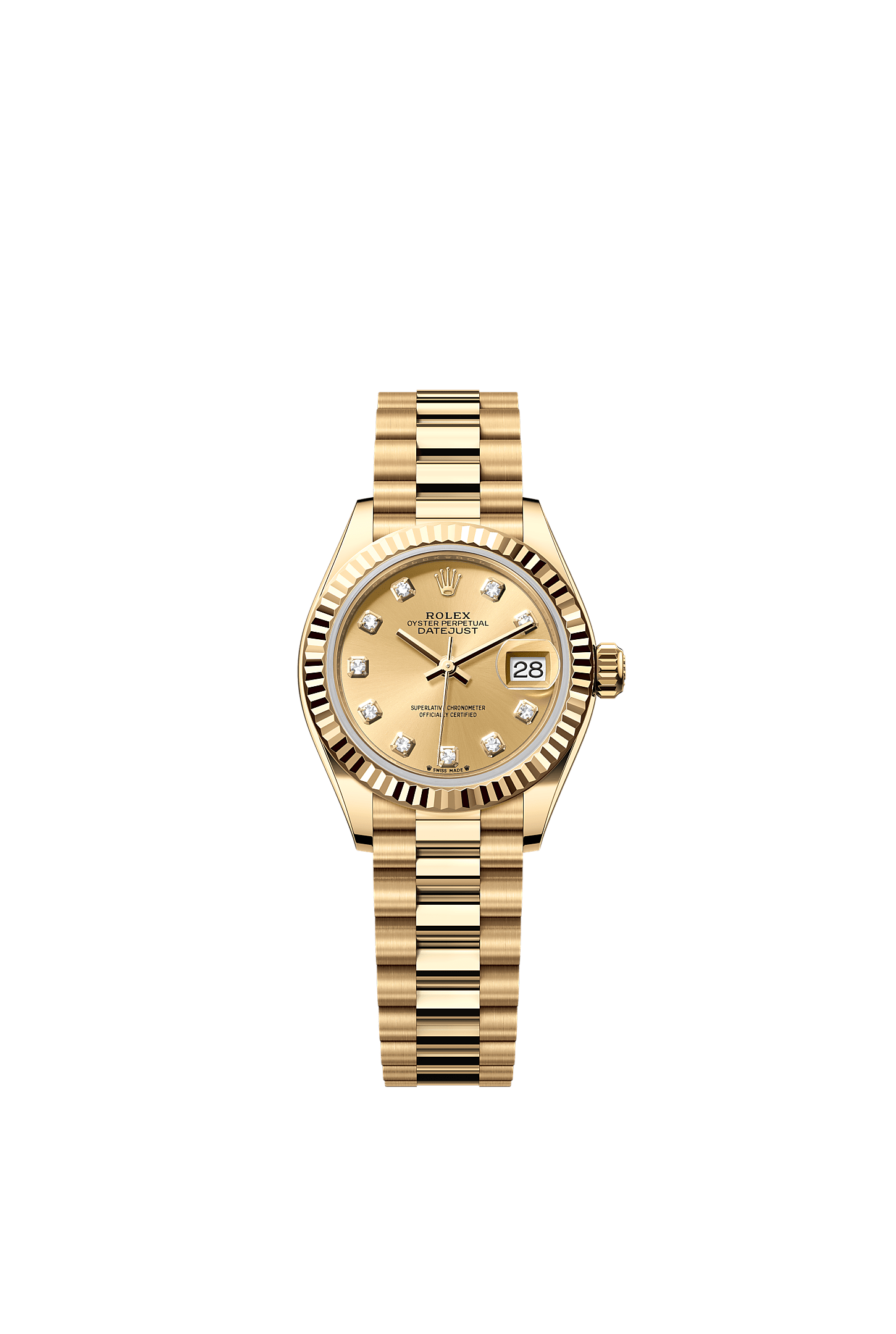 Lady-Datejust, Oyster, 28 mm, oro amarillo, Esfera : Color <i>champagne</i>, engastada de diamantes, Rolex