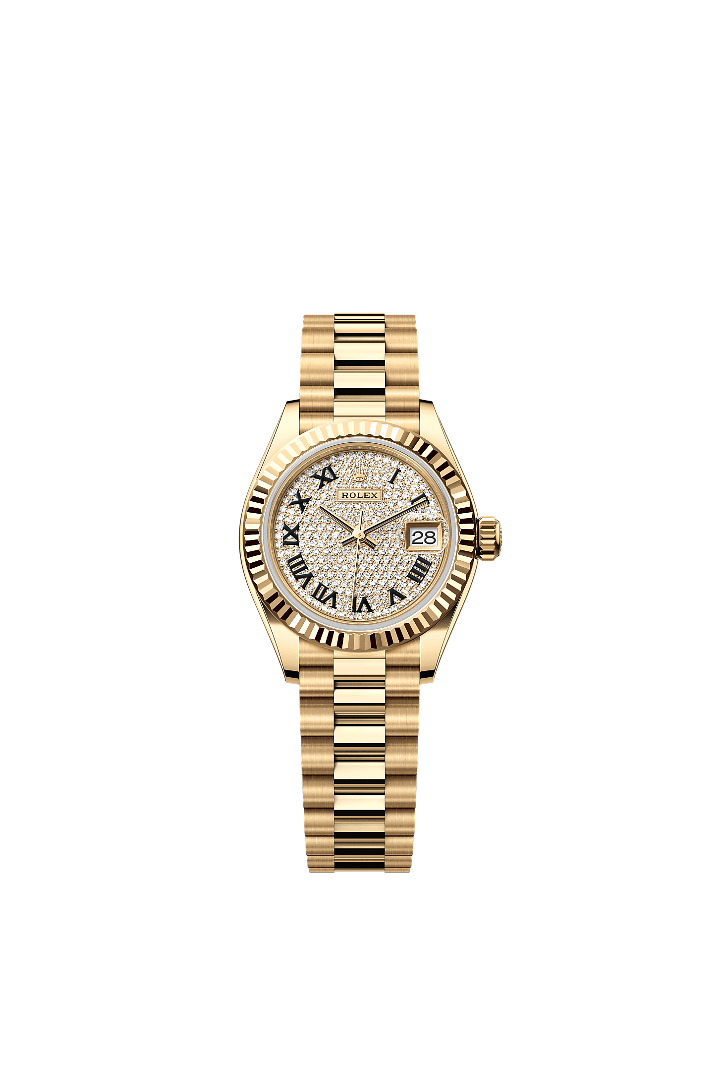 Lady-Datejust, Oyster, 28 mm, oro giallo, Quadrante : <i>Pavé</i> di diamanti, Rolex