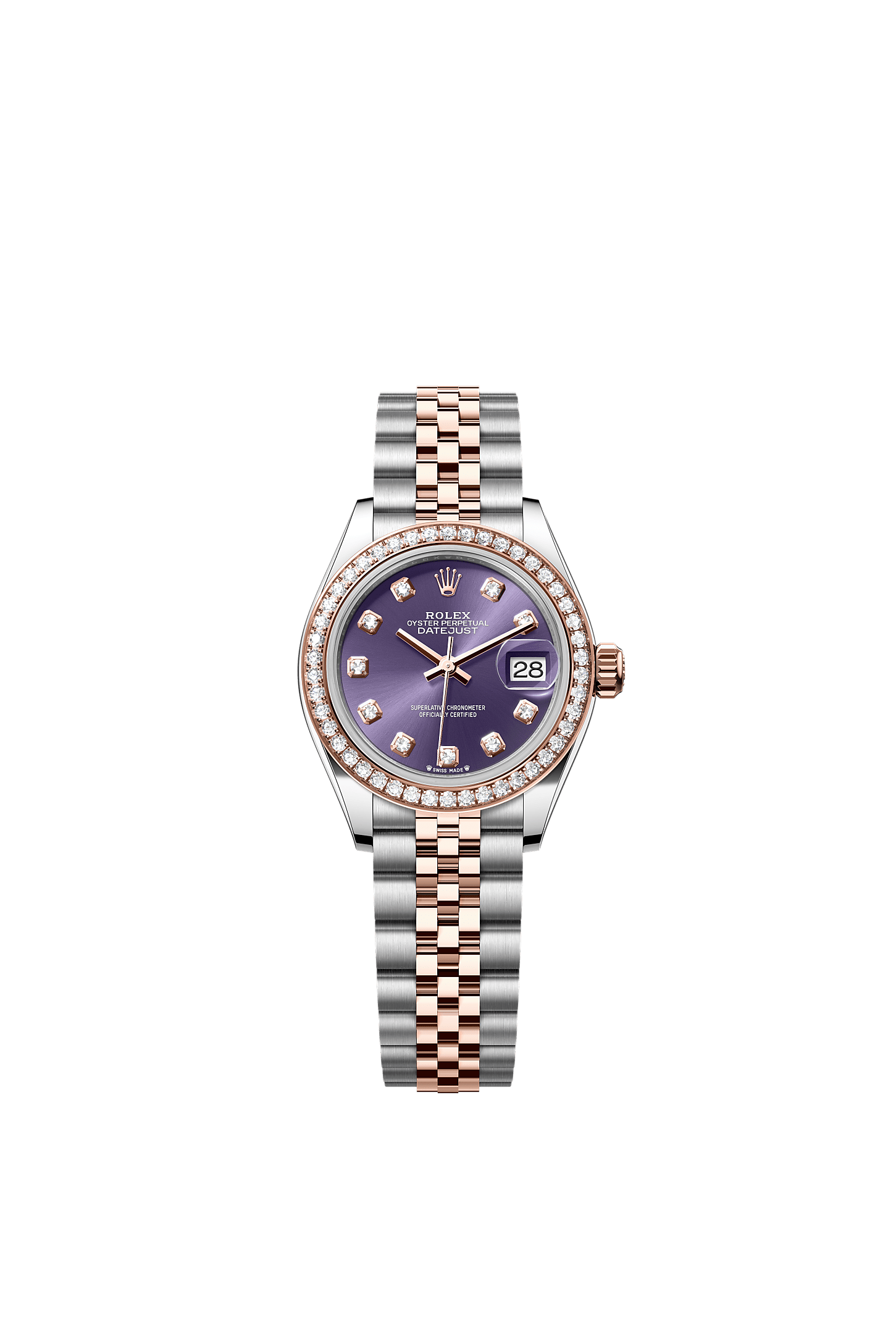 Lady-Datejust, Oyster, 28 mm, acero Oystersteel, oro Everose y diamantes, Esfera : «Aubergine» engastada de diamantes, Rolex
