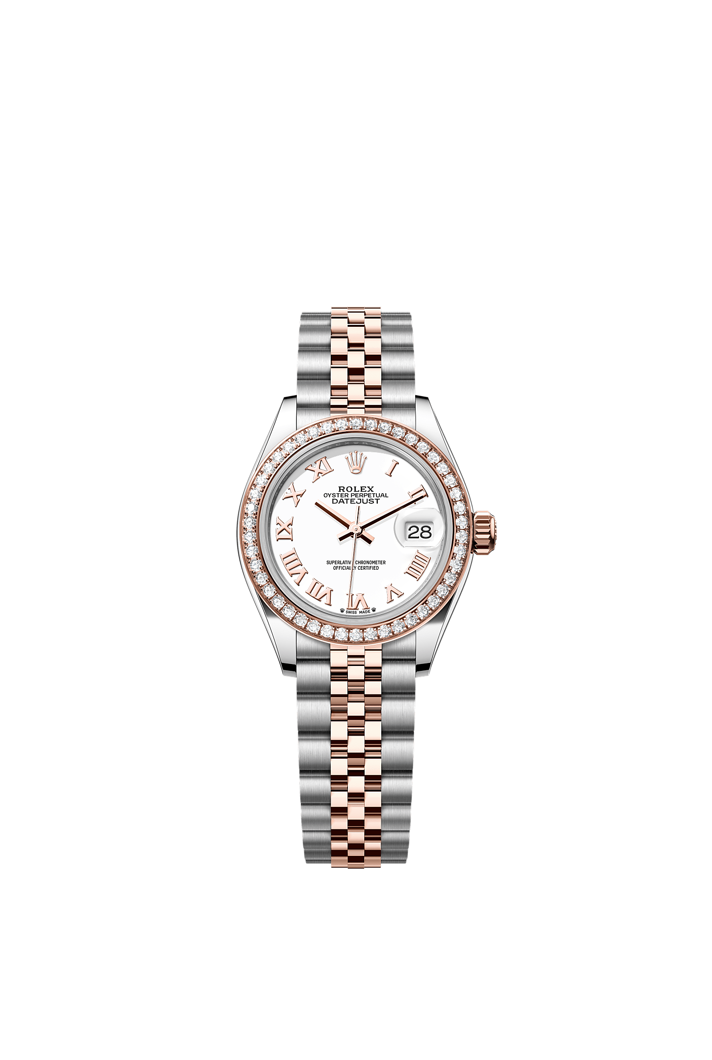 Lady-Datejust, Oyster, 28 mm, acier Oystersteel, or Everose et diamants, Cadran : Blanc, Rolex