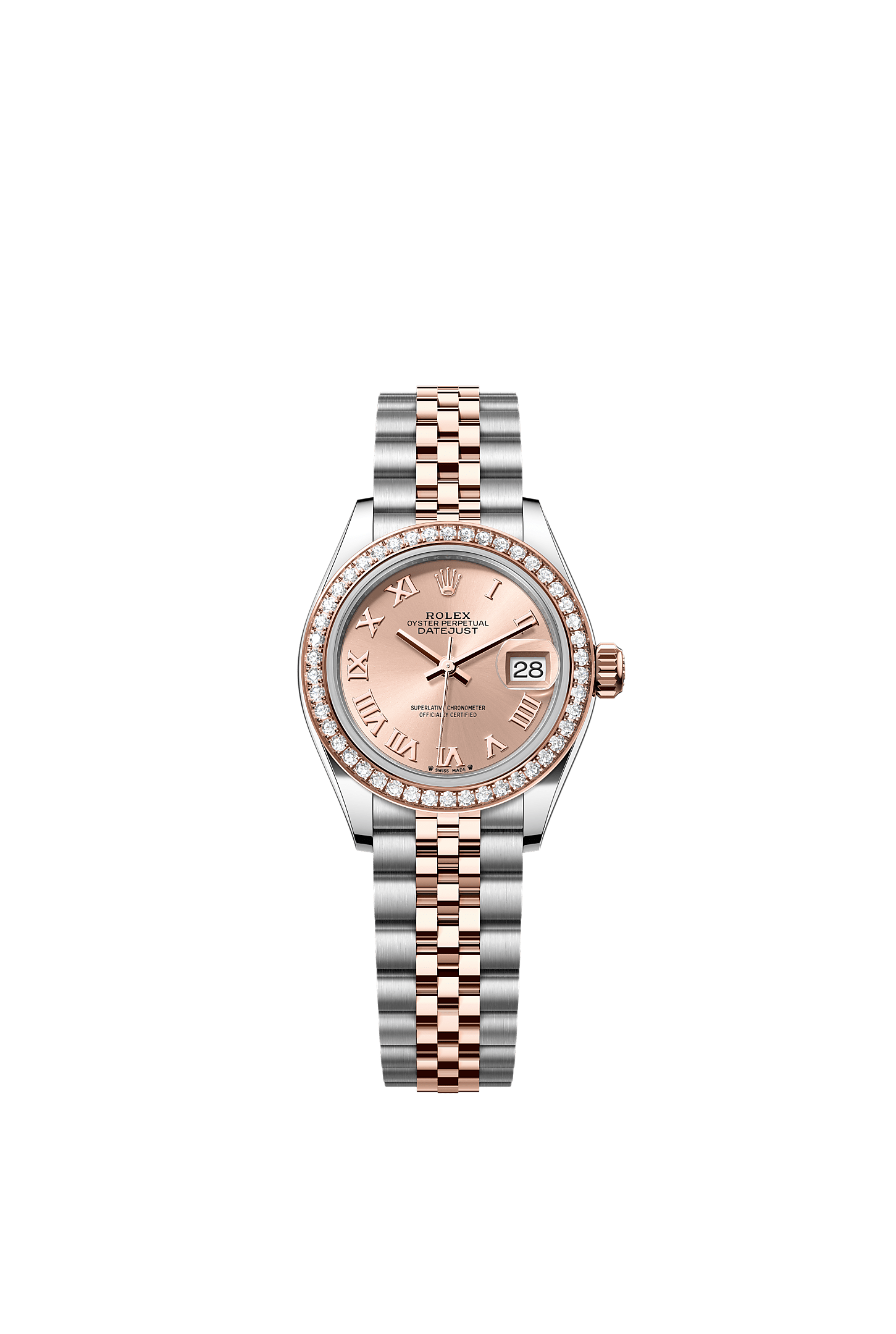 Lady-Datejust, Oyster, 28 mm, thép Oystersteel, vàng Eversose và kim cương, Mặt đồng hồ : Màu hoa hồng, Rolex