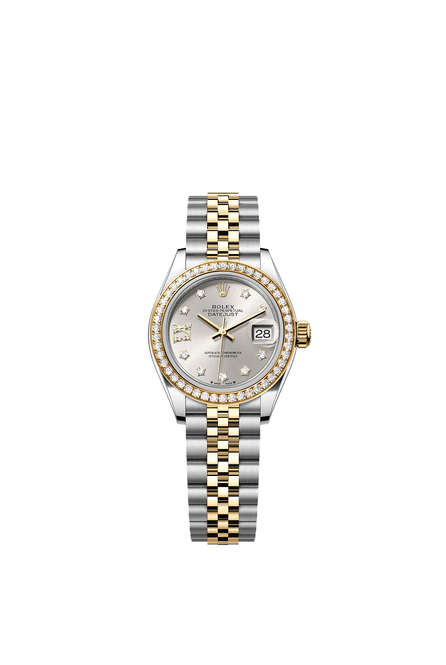 Lady-Datejust, Oyster, 28 mm, thép Oystersteel, vàng kim và kim cương, Mặt đồng hồ : Bạc nạm kim cương, Rolex