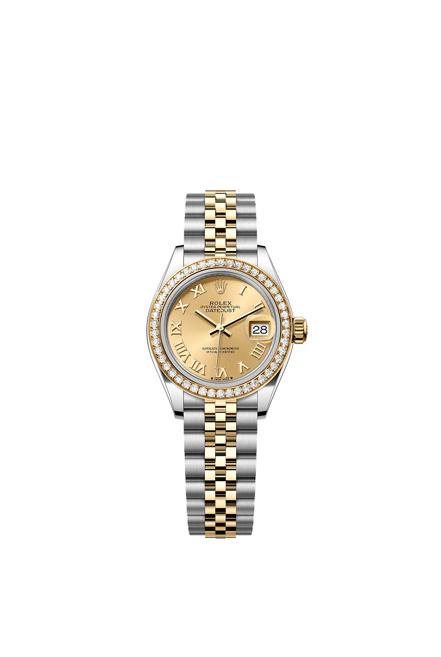 Lady-Datejust, Oyster, 28 mm, acero Oystersteel, oro amarillo y diamantes, Esfera : Color <i>champagne</i>, Rolex
