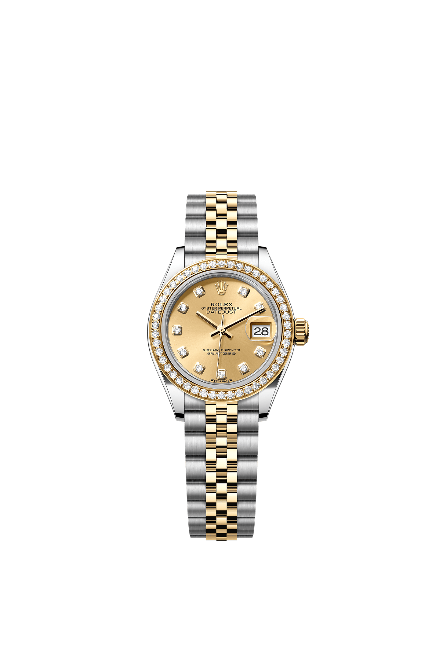 Lady-Datejust, Oyster, 28 mm, Oystersteel, emas kuning dan berlian, Dial : Tampilan berwarna sampanye dengan berlian, Rolex