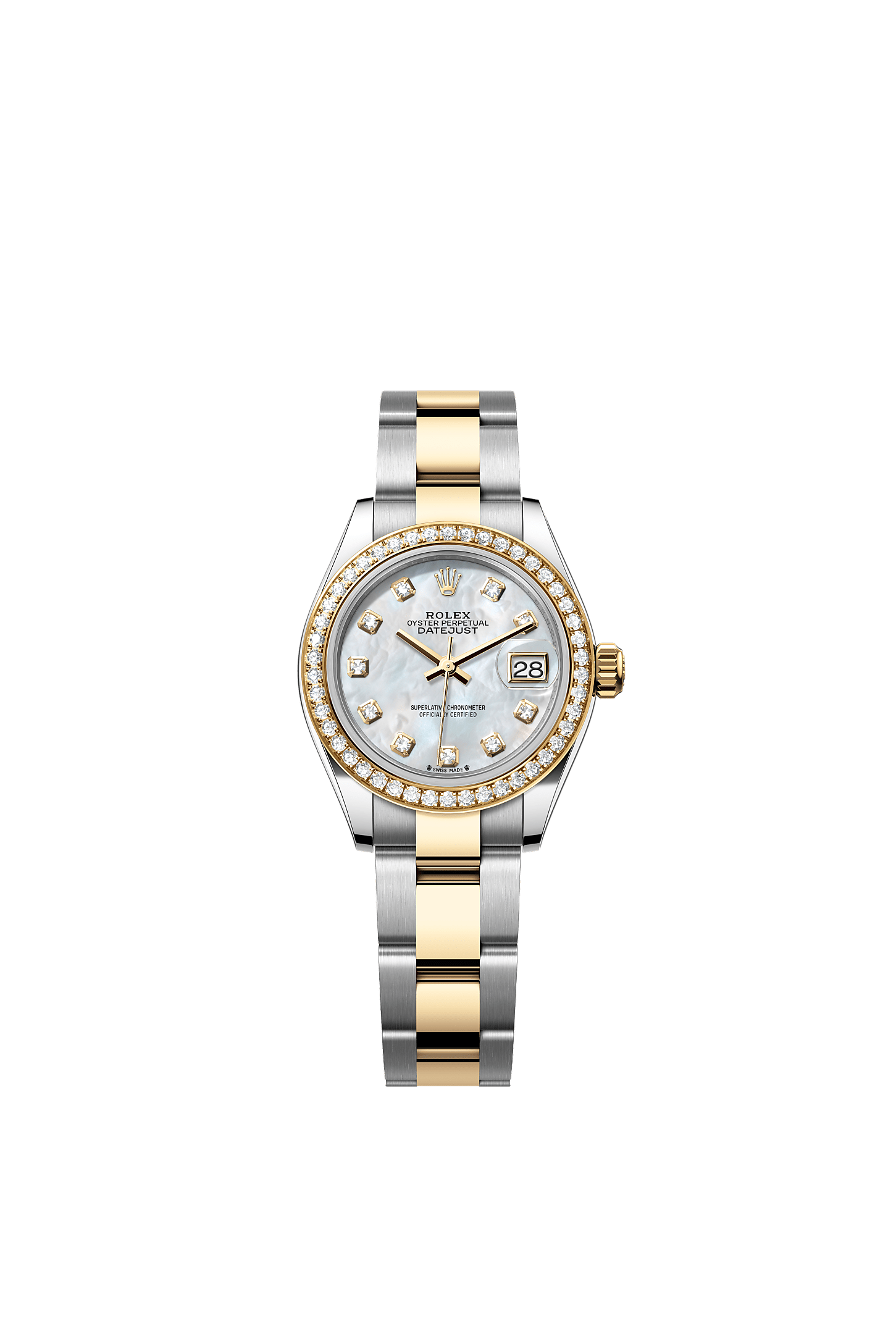 Lady-Datejust, Oyster, 28 mm, thép Oystersteel, vàng kim và kim cương, Mặt đồng hồ : Mặt đồng hồ ngọc trai trắng nạm kim cương, Rolex
