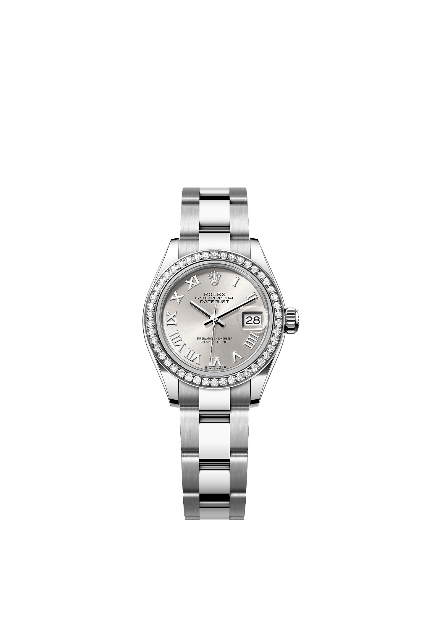 Lady-Datejust, Oyster, 28 mm, stal Oystersteel, białe złoto i brylanty, Tarcza : srebrna, Rolex