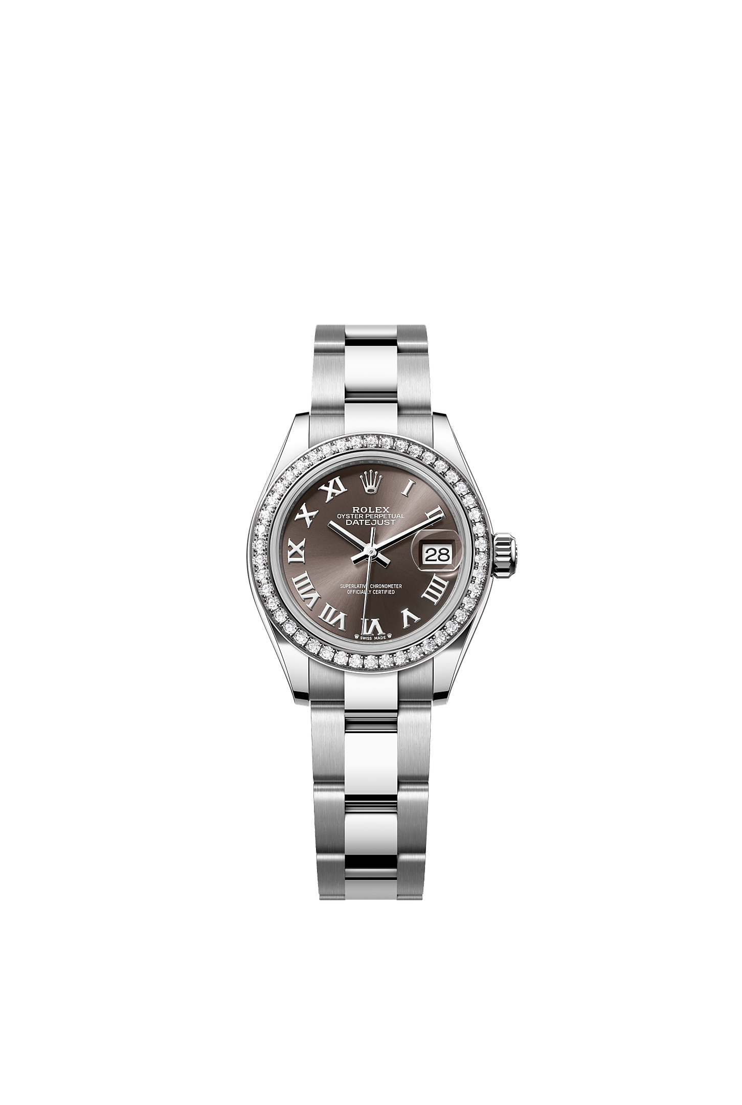 Lady-Datejust, Oyster, 28 mm, acier Oystersteel, or gris et diamants, Cadran : <i>Dark grey</i>, Rolex