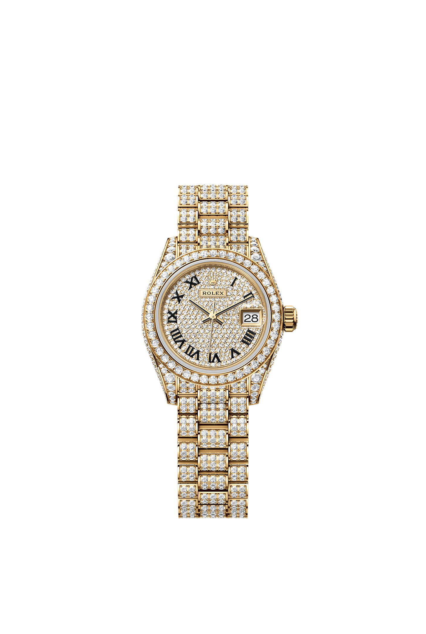 Lady-Datejust, Oyster, 28 mm, geelgoud en diamanten, Wijzerplaat : Belegd met diamanten, Rolex