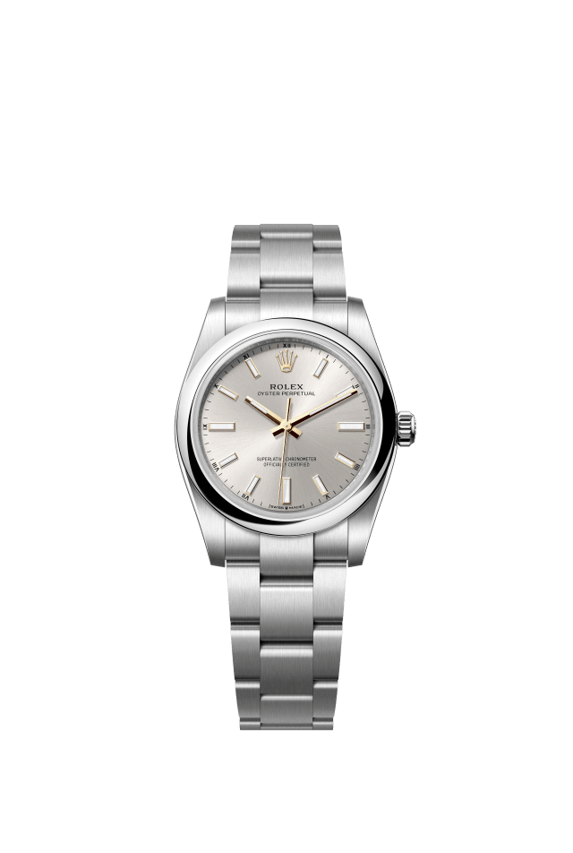 Rolex Oyster Perpetual 34, Oyster, 34 mm, Oystersteel, silver dial