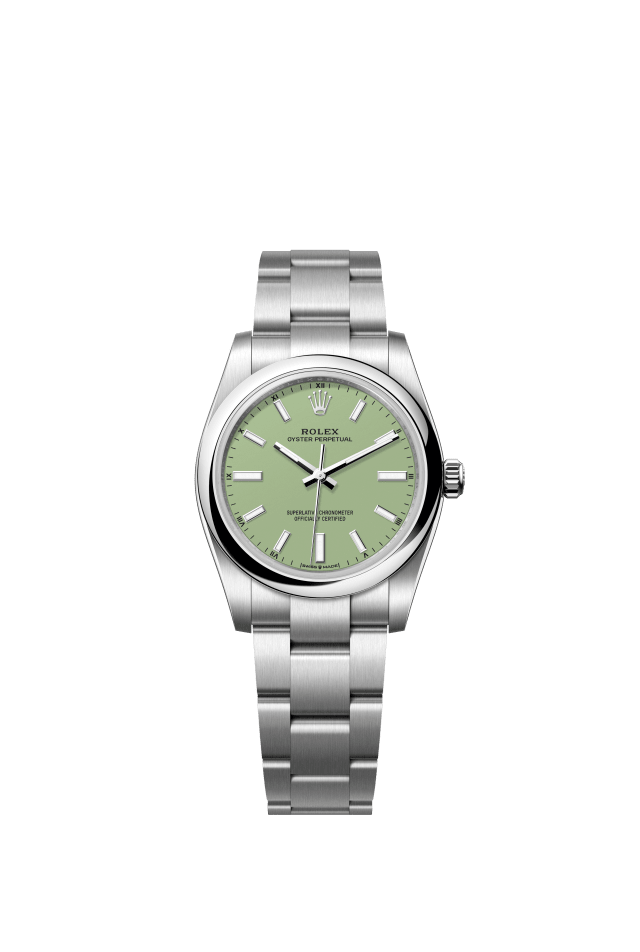 Rolex Oyster Perpetual 34, Oyster, 34 mm, Oystersteel, pistachio dial