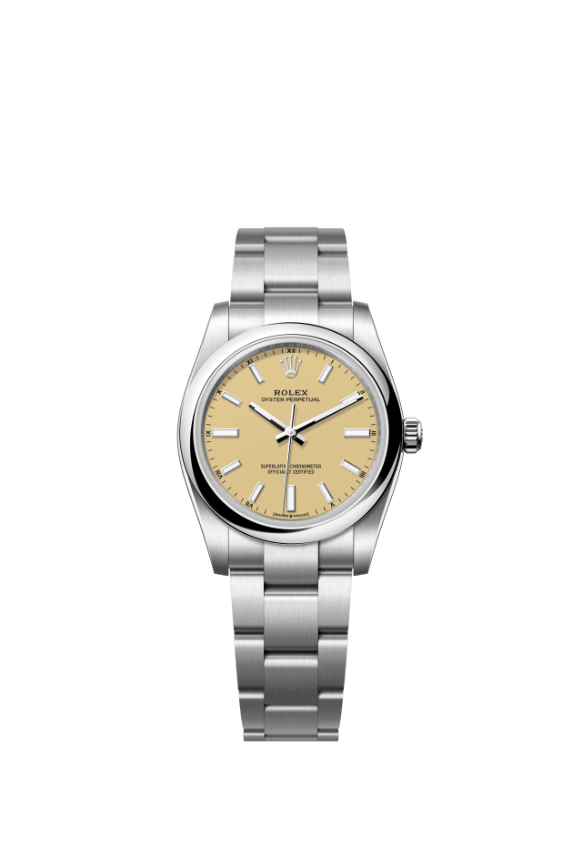 Rolex Oyster Perpetual 34, Oyster, 34 mm, Oystersteel, beige dial
