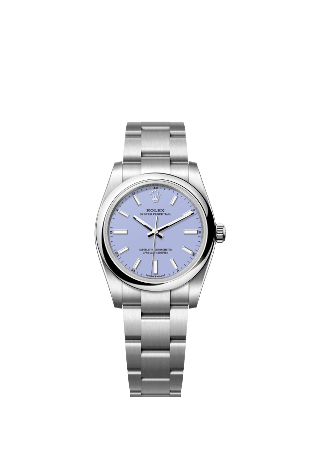 Rolex Oyster Perpetual 34, Oyster, 34 mm, Oystersteel, lavender dial