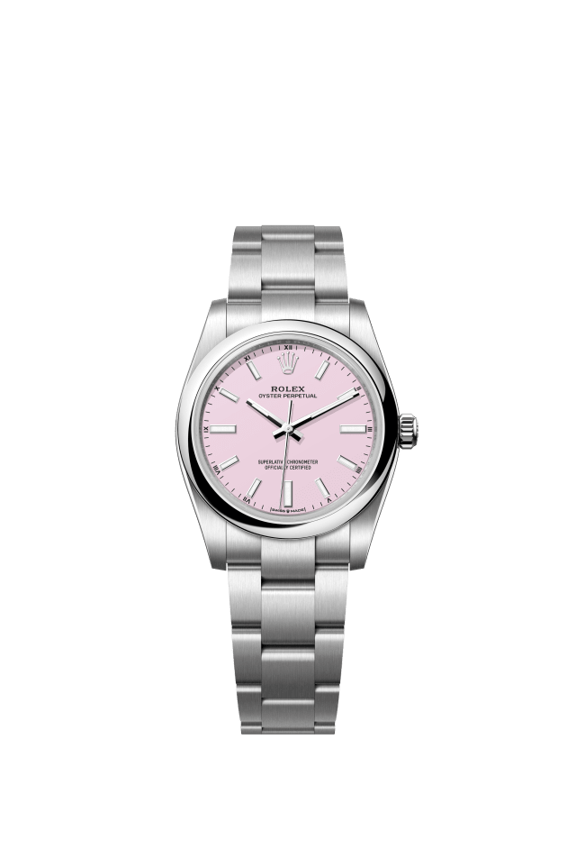 Rolex Oyster Perpetual 34, Oyster, 34 mm, Oystersteel, candy pink dial