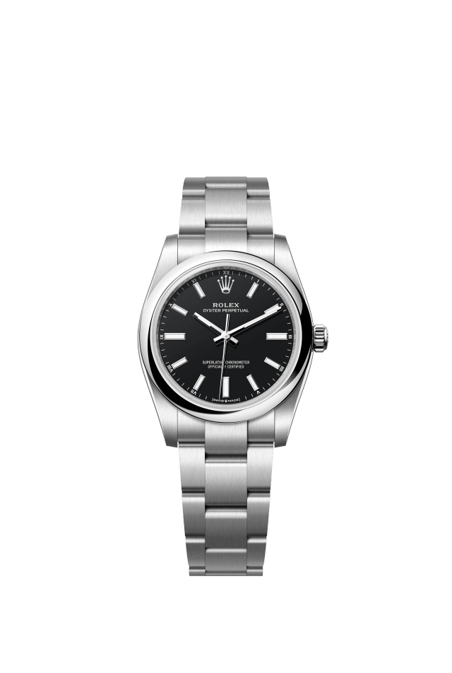 Rolex Oyster Perpetual 34, Oyster, 34 mm, Oystersteel, black dial