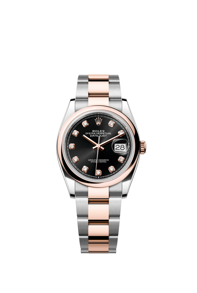 Rolex Datejust 36, Oyster, 36 mm, Oystersteel and Everose gold, bright black set with diamonds dial