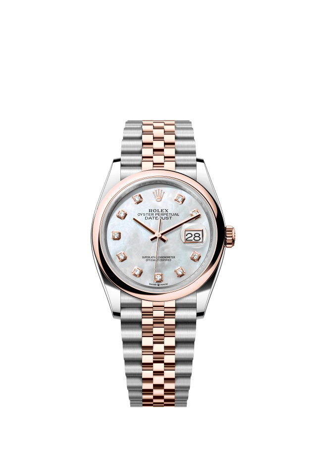 Rolex Datejust 36, Oyster, 36 mm, Oystersteel and Everose gold, white mother-of-pearl set with diamonds dial