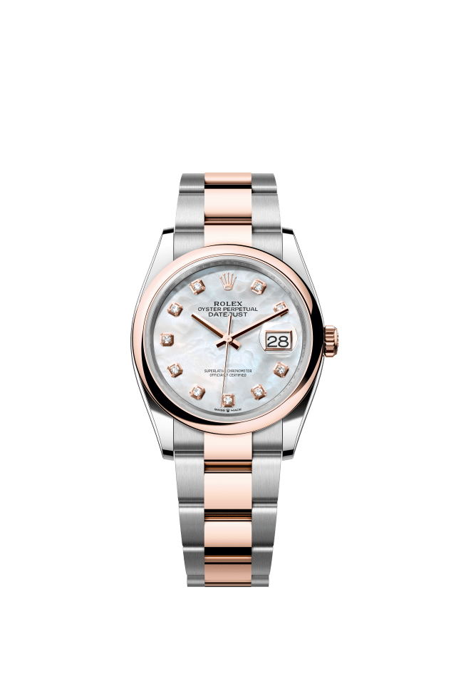 Rolex Datejust 36, Oyster, 36 mm, Oystersteel and Everose gold, white mother-of-pearl set with diamonds dial