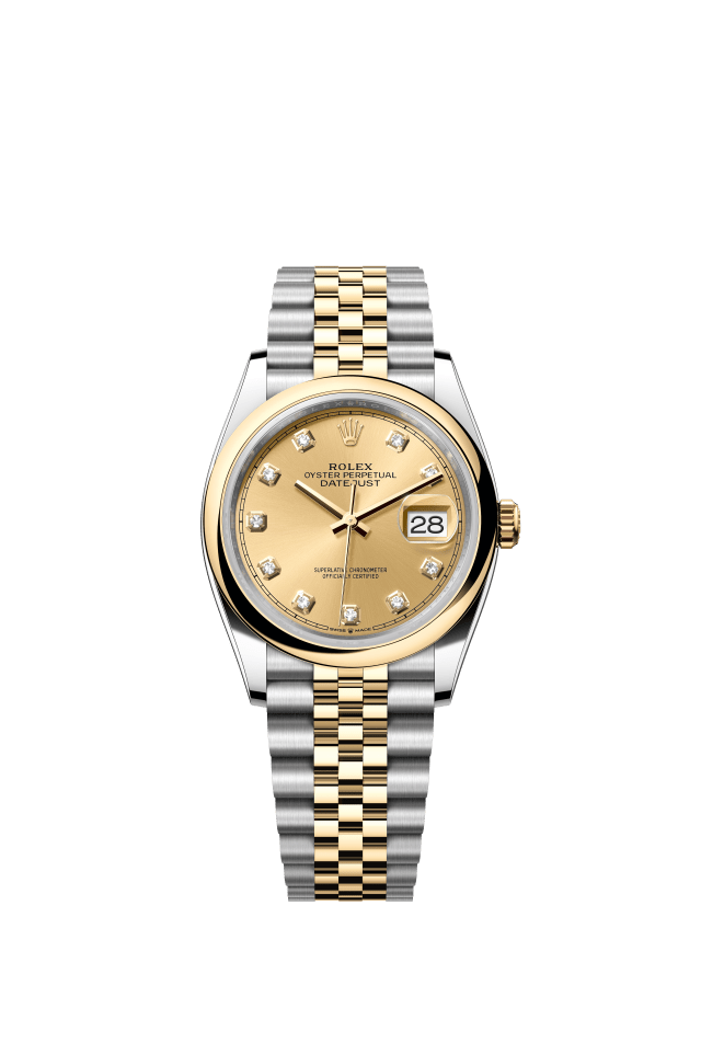 Rolex Datejust 36, Oyster, 36 mm, Oystersteel and yellow gold, champagne-colour set with diamonds dial
