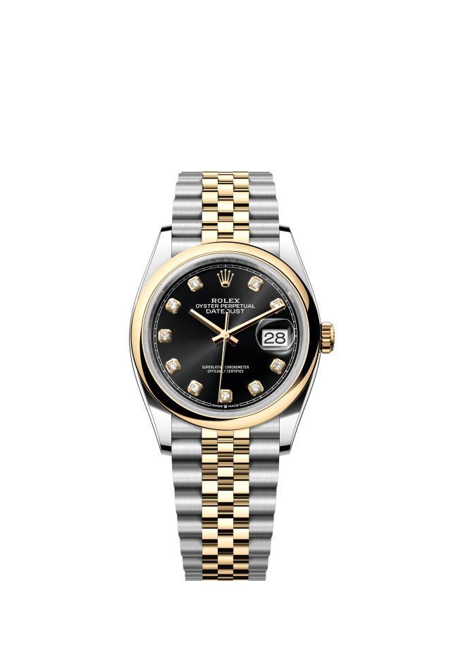 Rolex Datejust 36, Oyster, 36 mm, Oystersteel and yellow gold, bright black set with diamonds dial