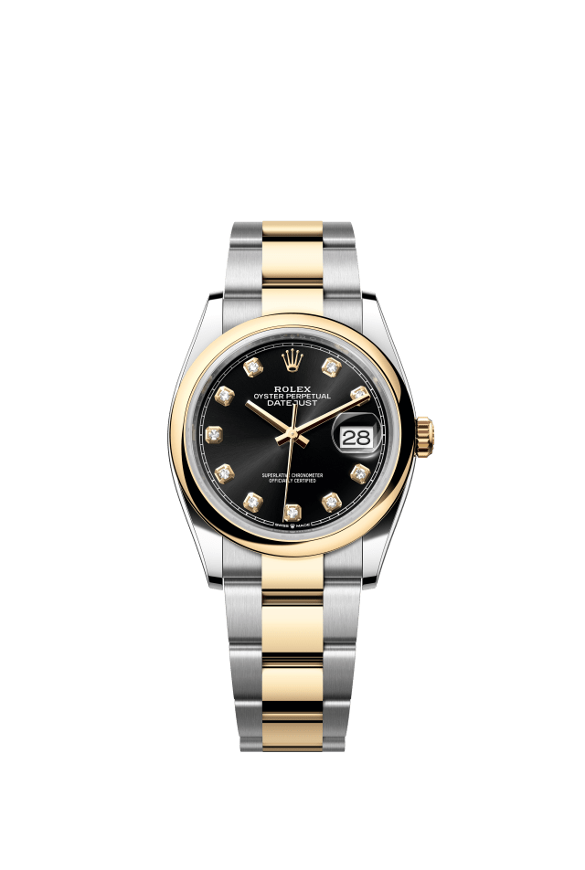 Rolex Datejust 36, Oyster, 36 mm, Oystersteel and yellow gold, bright black set with diamonds dial