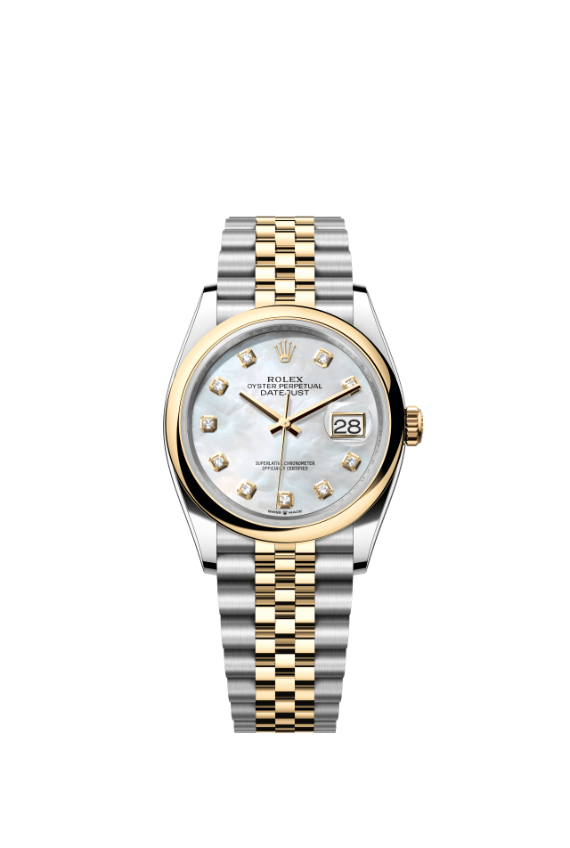 Rolex Datejust 36, Oyster, 36 mm, Oystersteel and yellow gold, white mother-of-pearl set with diamonds dial