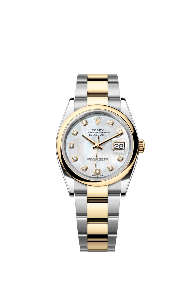 Rolex Datejust 36, Oyster, 36 mm, Oystersteel and yellow gold, white mother-of-pearl set with diamonds dial
