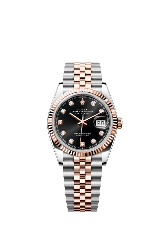 Rolex Datejust 36, Oyster, 36 mm, Oystersteel and Everose gold, bright black set with diamonds dial